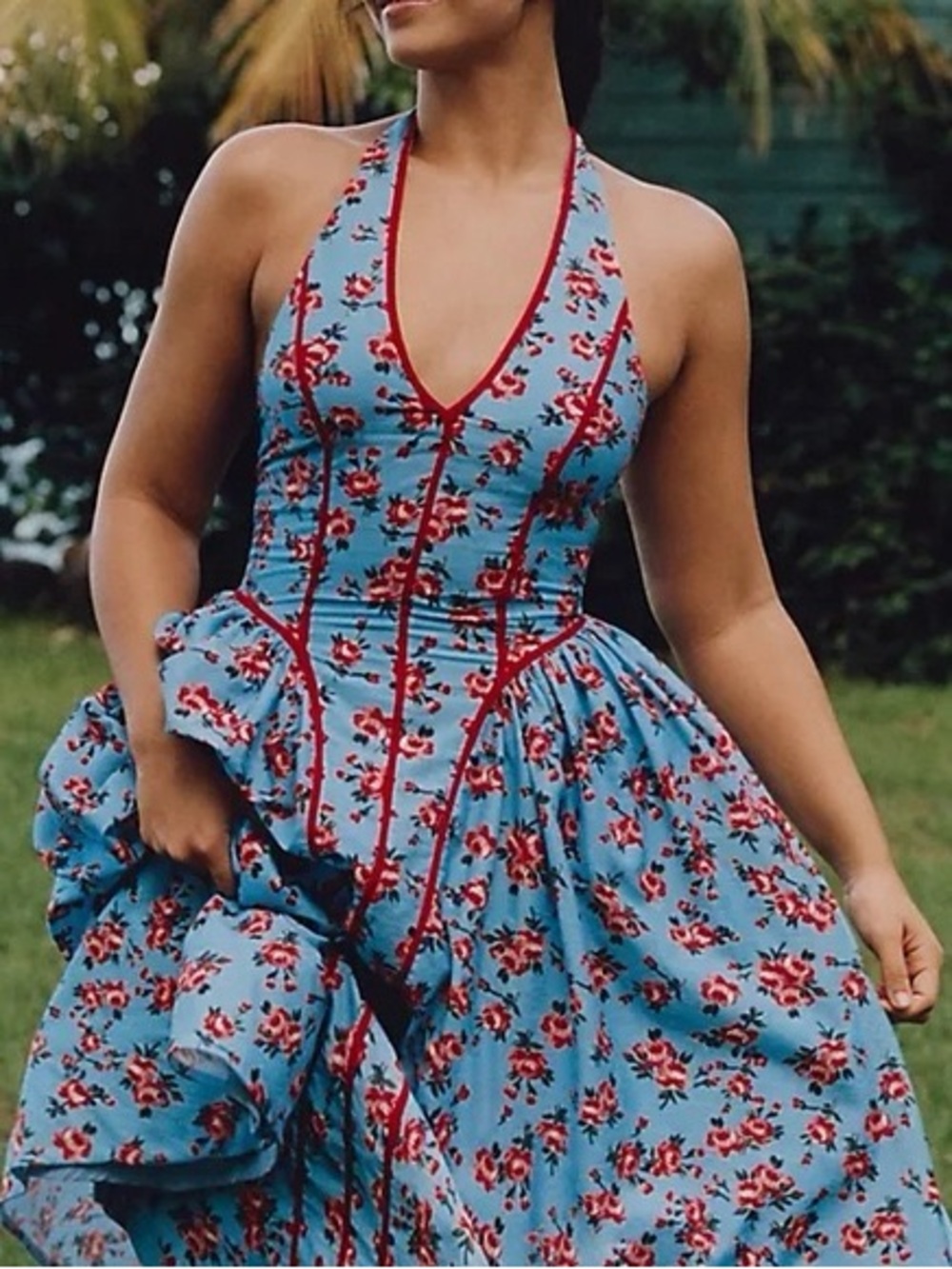 Anthropologie Blue Floral Halter Maxi Dress with Red Trim